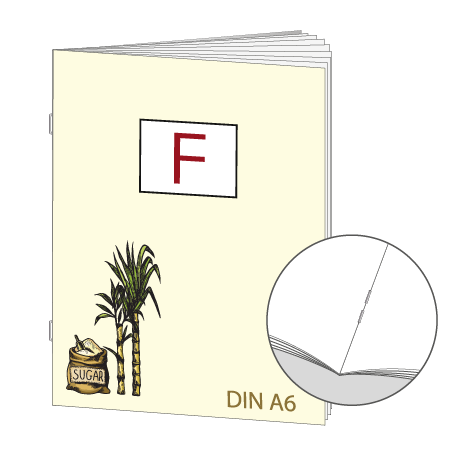 Broschüre aus Zuckerrohrpapier | DIN A6 16-Seiter | bedruckt